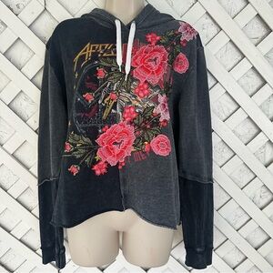 AFFLICTION CROPPED EMBROIDERED SPLIT & DOUBLE SIDED HOODIE SIZE XL